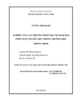 Tóm tắt Luận án Nghiên cứu các phương pháp mật mã đảm bảo tính toàn vẹn dữ liệu trong trường học thông minh