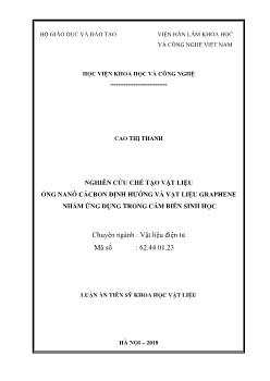 Luận án Nghiên cứu chế tạo vật liệu ống nanô cácbon định hướng, vật liệu graphene nhằm ứng dụng trong cảm biến sinh học