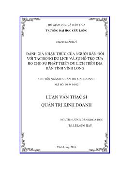 Luận văn Đánh giá nhận thức của người dân đối với tác động du lịch và sự hỗ trợ của họ cho sự phát triển du lịch trên địa bàn tỉnh Vĩnh Long