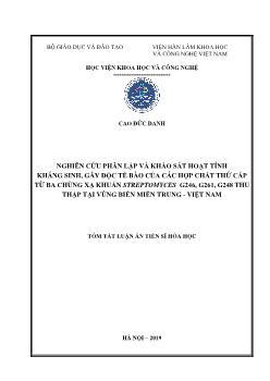 Tóm tắt Luận án Nghiên cứu phân lập và khảo sát hoạt tính kháng sinh, gây độc tế bào của các hợp chất thứ cấp từ ba chủng xạ khuẩn streptomyces g246, g261, g248 thu thập tại vùng biển miền trung - Việt Nam