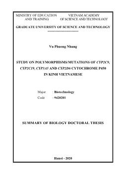 Tóm tắt Luận án Study on polymorphisms / mutations of cyp2c9, cyp2c19, cyp3a5 and cyp2d6 cytochrome p450 in kinh Vietnamese