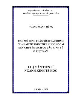 Luận án Các mô hình phân tích tác động của đầu tư trực tiếp nước ngoài đến chuyển dịch cơ cấu kinh tế ở Việt Nam