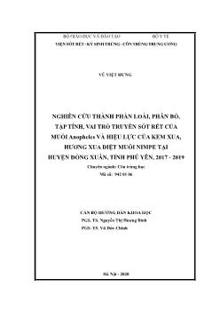 Luận án Nghiên cứu thành phần loài, phân bố, tập tính, vai trò truyền sốt rét của muỗi anopheles và hiệu lực của kem xua, Hương xua diệt muỗi nimpe tại huyện Đồng Xuân, tỉnh Phú Yên, 2017 - 2019