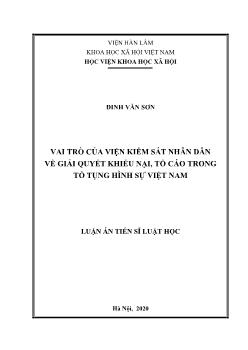 Luận án Vai trò của viện kiểm sát nhân dân về giải quyết khiếu nại, tố cáo trong tố tụng hình sự Việt Nam