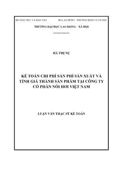 Luận văn Kế toán chi phí sản phí sản xuất và tính giá thành sản phẩm tại công ty cổ phần nồi hơi Việt Nam