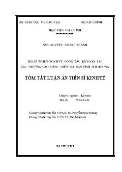 Tóm tắt Luận án Hoàn thiện tổ chức công tác kế toán tại các trường cao đẳng trên địa bàn tỉnh Hải Dương