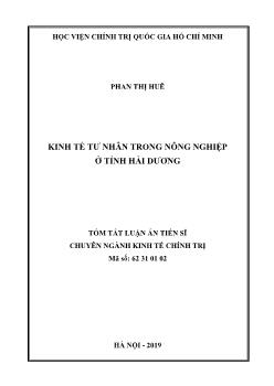 Tóm tắt Luận án Kinh tế tư nhân trong nông nghiệp ở tỉnh Hải Dương