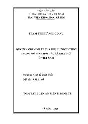 Tóm tắt Luận án Quyền năng kinh tế của phụ nữ nông thôn trong mô hình hợp tác xã kiểu mới ở Việt Nam