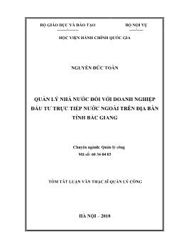 Tóm tắt Luận văn Quản lý nhà nước đối với doanh nghiệp đầu tư trực tiếp nước ngoài trên địa bàn tỉnh Bắc Giang