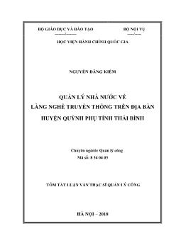 Tóm tắt Luận văn Quản lý nhà nước về làng nghề truyền thống trên địa bàn huyện Quỳnh Phụ tỉnh Thái Bình