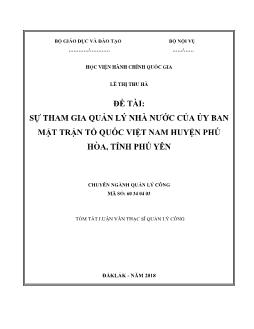 Tóm tắt Luận văn Sự tham gia quản lý nhà nước của ủy ban mặt trận tổ quốc Việt Nam huyện Phú Hòa, tỉnh Phú Yên