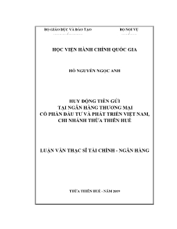 Luận văn Huy động tiền gửi tại ngân hàng thương mại cổ phần đầu tư và phát triển Việt Nam, chi nhánh Thừa Thiên Huế