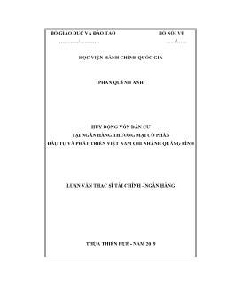 Luận văn Huy động vốn dân cư tại ngân hàng thương mại cổ phần đầu tư và phát triển Việt Nam chi nhánh Quảng Bình