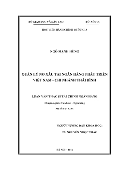 Luận văn Quản lý nợ xấu ở ngân hàng phát triển Việt Nam - Chi nhánh Thái Bình