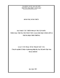Luận văn Dạy học các trích đoạn Truyện Kiều theo đặc trưng thi pháp thể loại cho học sinh lớp 10 Trung học Phổ thông