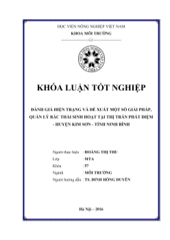 Đề tài Đánh giá hiện trạng và đề xuất một số giải pháp, quản lý rác thải sinh hoạt tại thị trấn Phát Diệm - Huyện Kim Sơn - Tỉnh Ninh Bình
